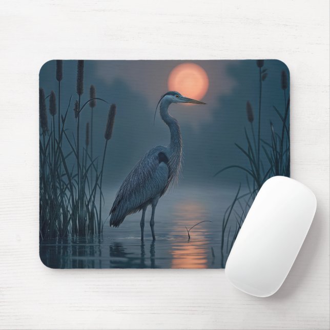 Grey Heron With Pink Moon Mouse Mat (With Mouse)