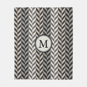 Grey Herringbone Alternating Stripes Monogram Fleece Blanket