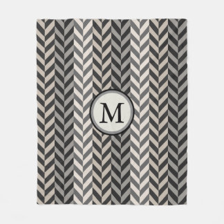 Grey Herringbone Alternating Stripes Monogram Fleece Blanket