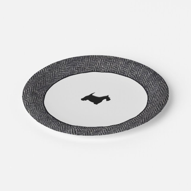 Grey Herringbone Black Scottie Paper Plate (Angled)