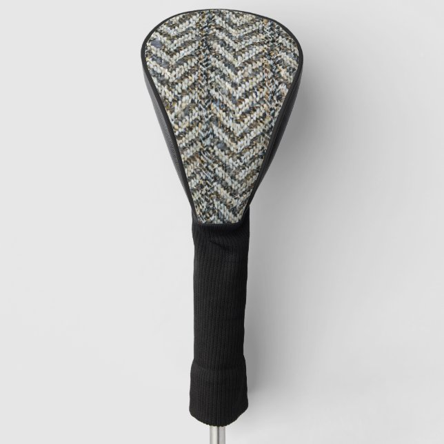 Grey herringbone tweed pattern golf head cover (Front)