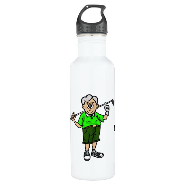 Grey Hiar Male Golfer Personalised Water Bottle (Front)