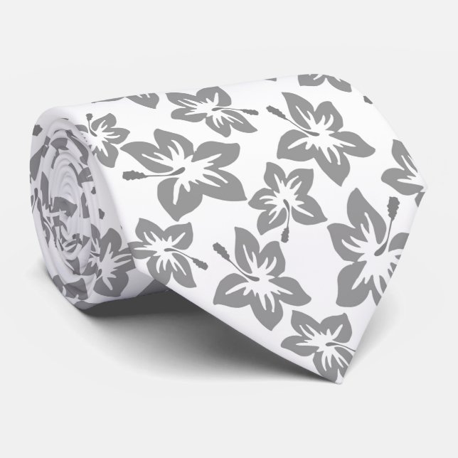 Grey Hibiscus Hawaiian pattern  Tie (Rolled)