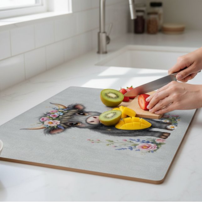 Grey Highland Cow With Florals Cutting Board (Creator Uploaded)
