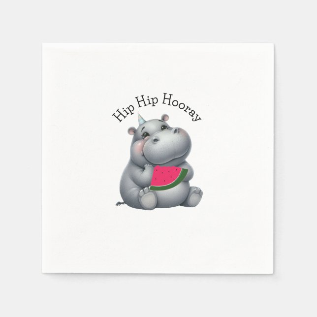 Grey Hippo Watermelon Birthday  Napkin (Front)