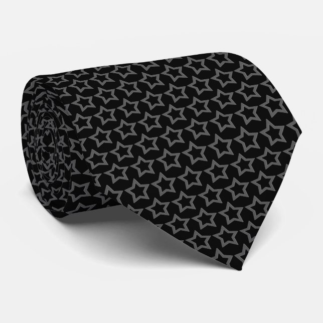  Grey Hollow Star Pattern Over Black Background Tie (Rolled)