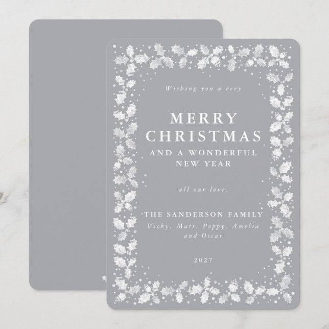 Grey Holly + Berry Border Flat Non Photo Christmas Holiday Card (Front/Back)
