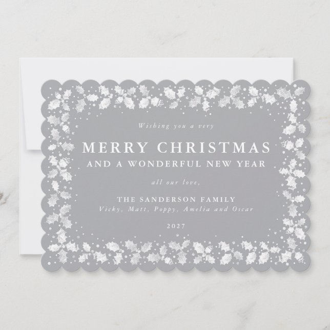 Grey Holly Leaves Border Flat Non Photo Holiday Card (Front)