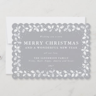 Grey Holly Leaves Border Flat Non Photo Holiday Card