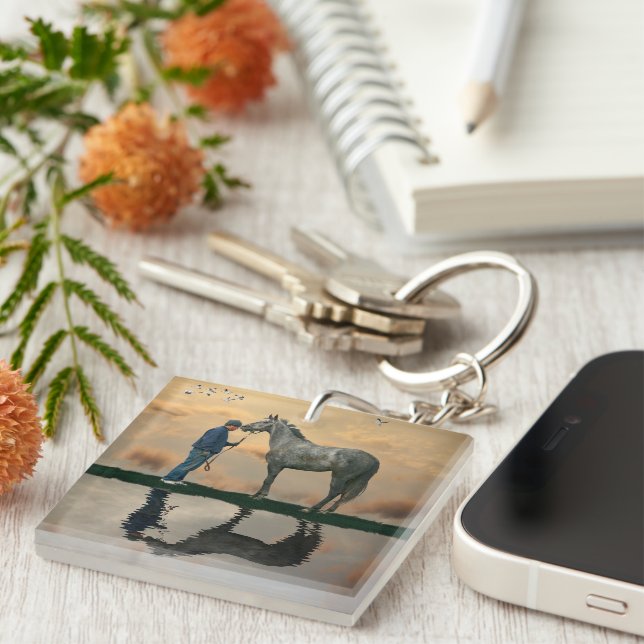 Grey Horse And Groom OTTB Keychain (Front Right)