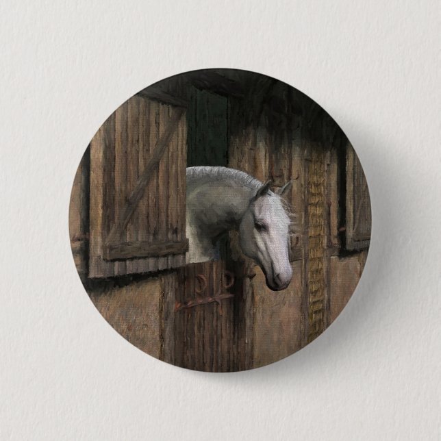 Grey Horse at the Stable Door 6 Cm Round Badge (Front)