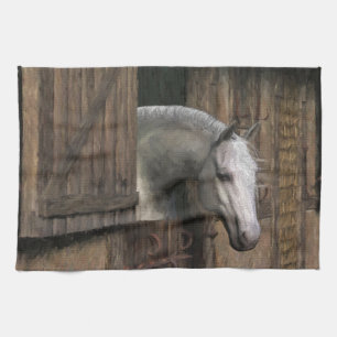 Grey Horse at the Stable Door Tea Towel