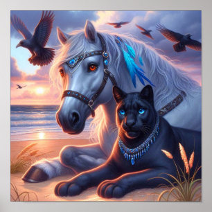 Grey horse Black panther Poster
