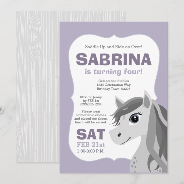 Grey Horse Horseback Riding Birthday Party Purple Invitation (Front/Back)