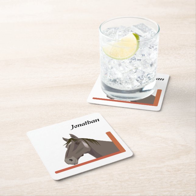Grey Horse Portrait Square Paper Coaster (Insitu)