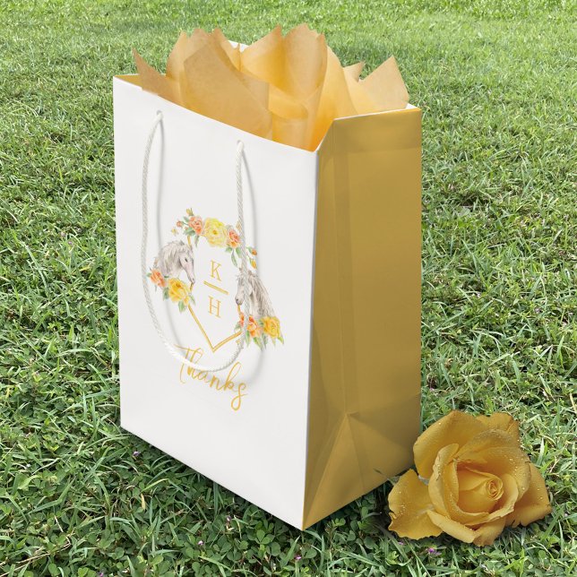 Grey horses and yellow roses monogram thanks  medium gift bag (Creator Uploaded)