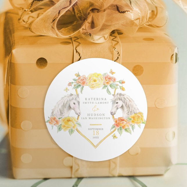 Grey horses and yellow roses monogrammed wedding classic round sticker (Creator Uploaded)