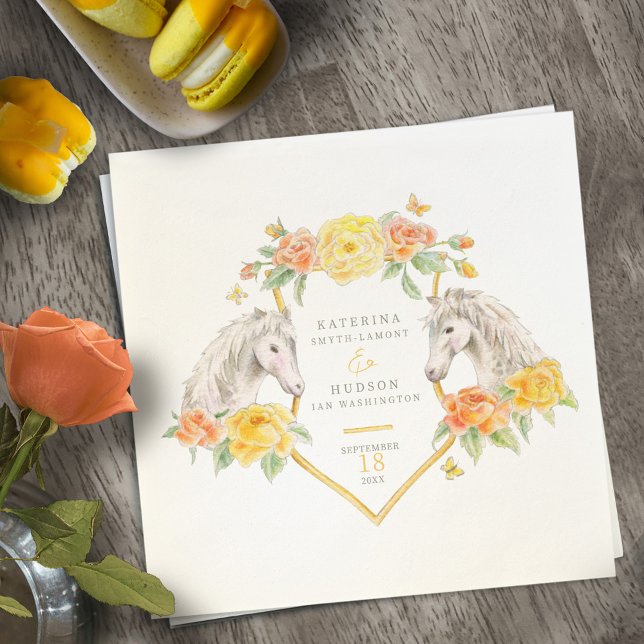 Grey horses and yellow roses monogrammed wedding napkin (Creator Uploaded)