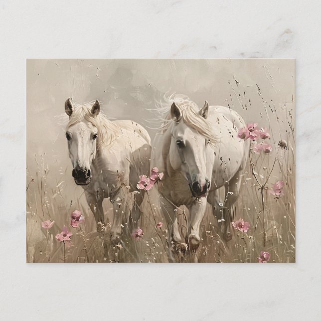 Grey Horses Pink Flowers Oil Painting Postcard (Front)