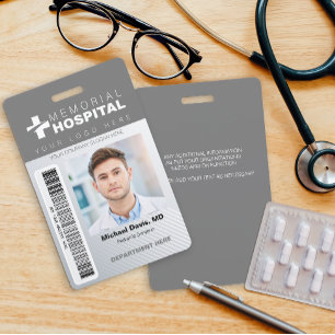 Grey Hospital ID Badge with Photo & Barcode