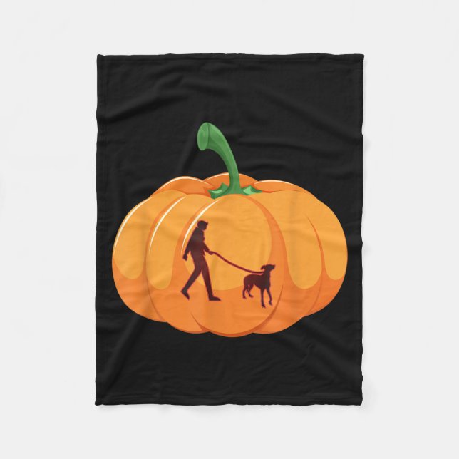 Grey Hound Walking Halloween Dog Pumpkin Fleece Blanket (Front)