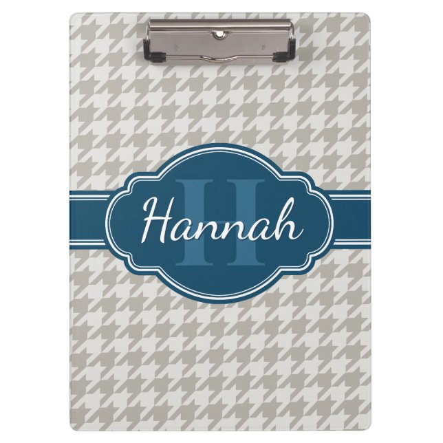 Grey Houndstooth Pattern Navy Monogram Clipboard (Front)