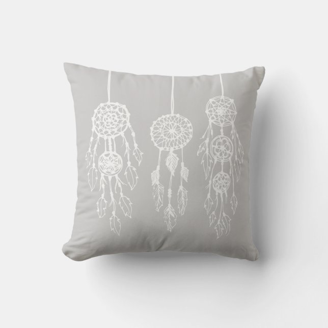 Grey Illustrated Bohemian Dreamcatchers Cushion (Front)
