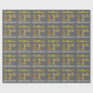 Grey, Imitation Gold Look "12th BIRTHDAY" Wrapping Paper