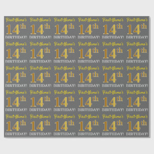 Grey, Imitation Gold Look "14th BIRTHDAY" Wrapping Paper