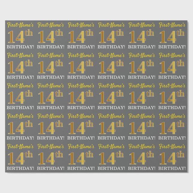 Grey, Imitation Gold Look "14th BIRTHDAY" Wrapping Paper (Flat)