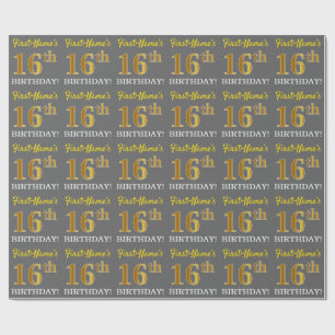 Grey, Imitation Gold Look "16th BIRTHDAY" Wrapping Paper