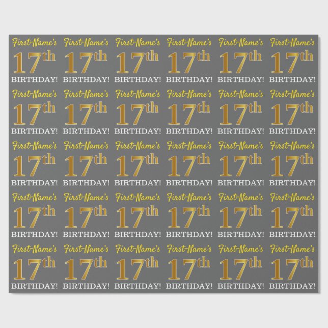 Grey, Imitation Gold Look "17th BIRTHDAY" Wrapping Paper (Flat)