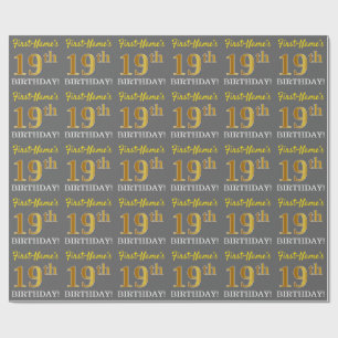 Grey, Imitation Gold Look "19th BIRTHDAY" Wrapping Paper
