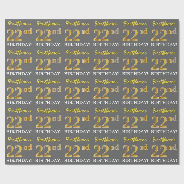 Grey, Imitation Gold Look "22nd BIRTHDAY" Wrapping Paper (Flat)