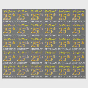 Grey, Imitation Gold Look "25th BIRTHDAY" Wrapping Paper