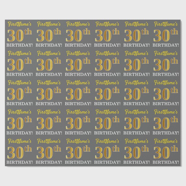 Grey, Imitation Gold Look "30th BIRTHDAY" Wrapping Paper (Flat)
