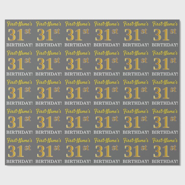Grey, Imitation Gold Look "31st BIRTHDAY" Wrapping Paper (Flat)