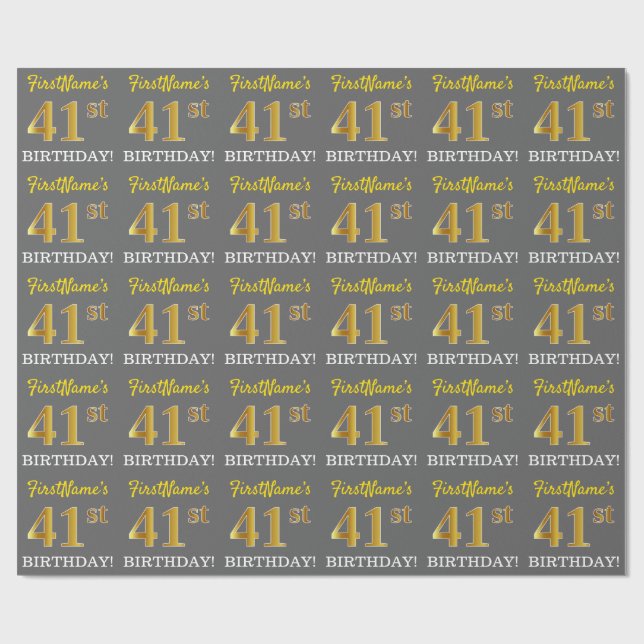 Grey, Imitation Gold Look "41st BIRTHDAY" Wrapping Paper (Flat)