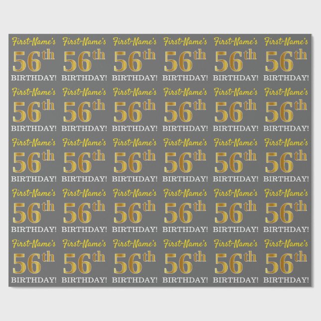 Grey, Imitation Gold Look "56th BIRTHDAY" Wrapping Paper (Flat)