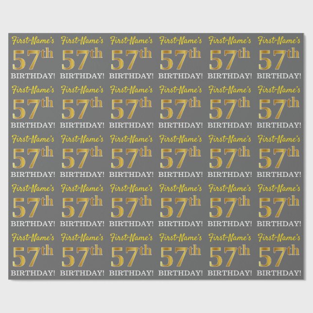 Grey, Imitation Gold Look "57th BIRTHDAY" Wrapping Paper (Flat)