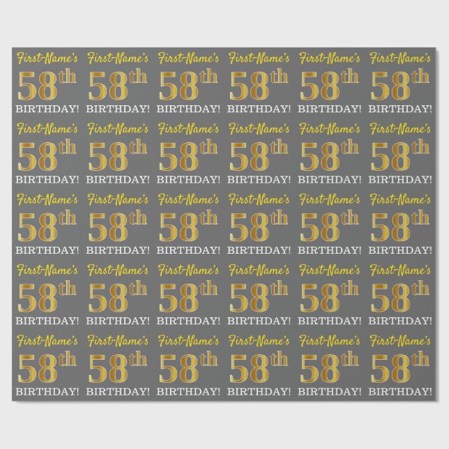 Grey, Imitation Gold Look "58th BIRTHDAY" Wrapping Paper (Flat)