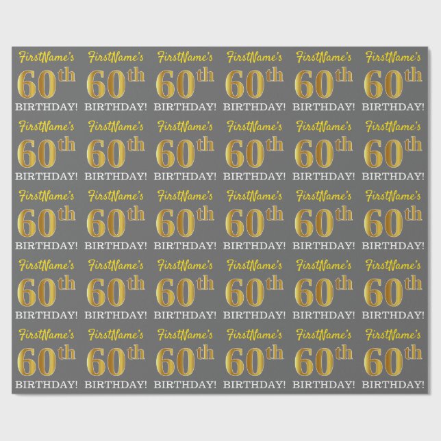 Grey, Imitation Gold Look "60th BIRTHDAY" Wrapping Paper (Flat)