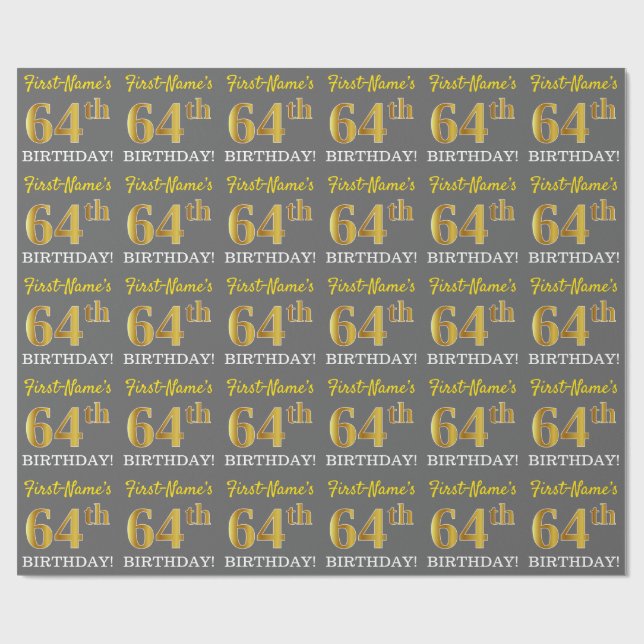Grey, Imitation Gold Look "64th BIRTHDAY" Wrapping Paper (Flat)