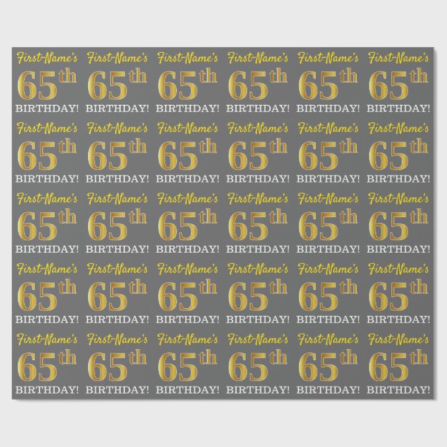 Grey, Imitation Gold Look "65th BIRTHDAY" Wrapping Paper (Flat)
