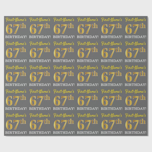 Grey, Imitation Gold Look "67th BIRTHDAY" Wrapping Paper (Flat)
