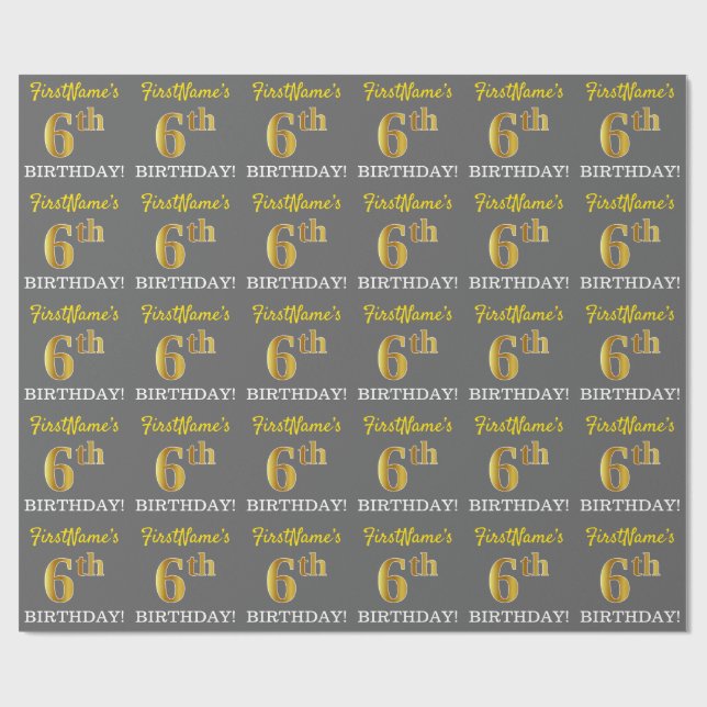 Grey, Imitation Gold Look "6th BIRTHDAY" Wrapping Paper (Flat)