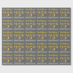 Grey, Imitation Gold Look "75th BIRTHDAY" Wrapping Paper
