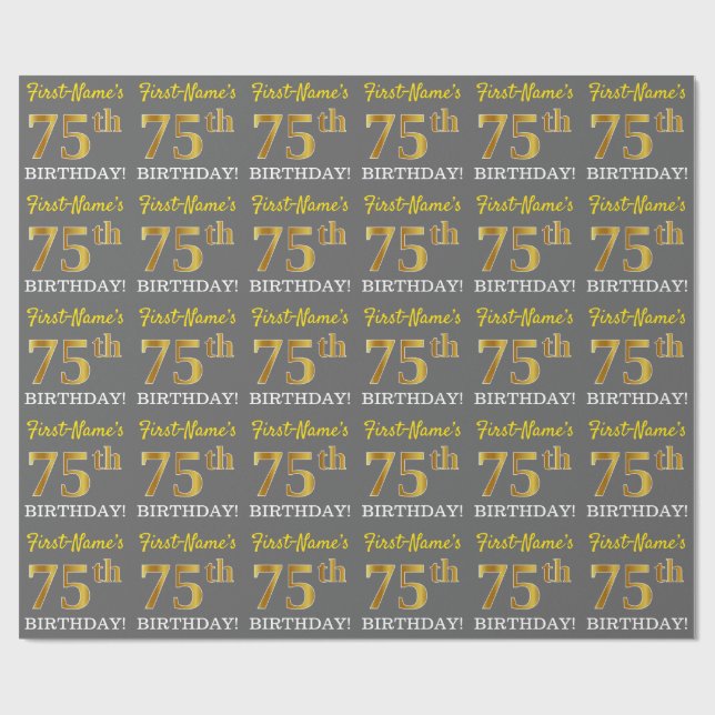 Grey, Imitation Gold Look "75th BIRTHDAY" Wrapping Paper (Flat)