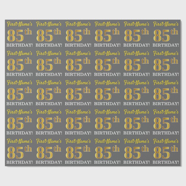Grey, Imitation Gold Look "85th BIRTHDAY" Wrapping Paper (Flat)