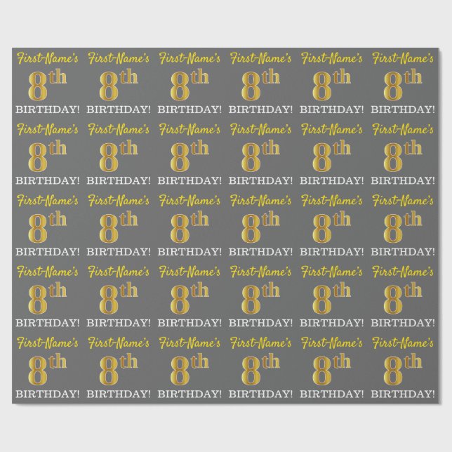 Grey, Imitation Gold Look "8th BIRTHDAY" Wrapping Paper (Flat)